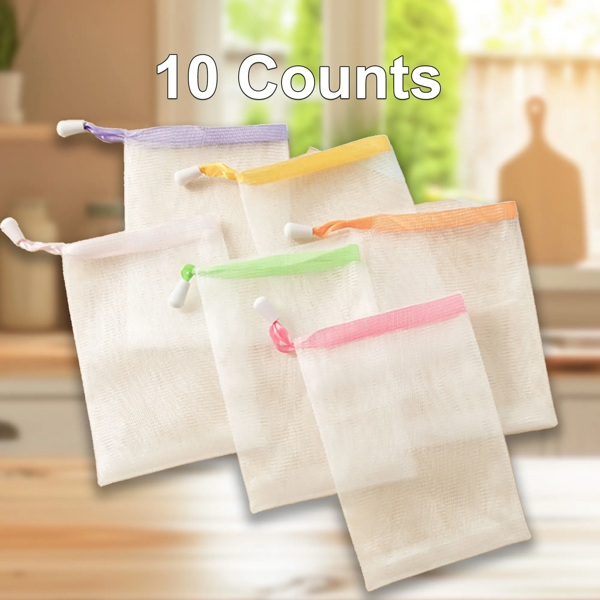 10 Counts Exfoliating Mesh Soap Saver Pouch Bag Sack, White Face Cleansing Foaming Nets with Drawstring Color Random Body Back Scrubber Cleaning