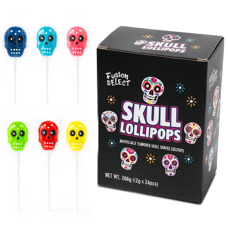 Fusion Select 24 Pcs Sugar Skull Lollipops - Colorful Halloween & Day of the Dead Candy - Individually Wrapped Novelty Treats for Kids - For Trick or Treat, Themed Party Favors & Celebrations Traditional Sweet Snack