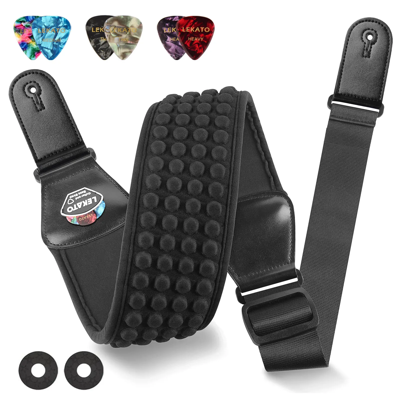 LEKATO LGS-5 Guitar Straps for Electric Guitar Bass, 3" Wide 4 Rows 3D Sponge Filling, Guitar Strap Neoprene Pad, Adjustable Length from 45" to 55" with Strap Locks, Picks