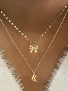 Women's Elegant Letter Bow-knot Pendant Set, Necklace Initial, Multilayer Necklace, Stainless Steel Chain, Multi-Layered Fashion Jewelry for All Seasons