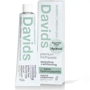 Davids Hydroxi Fluoride Free Nano Hydroxyapatite Toothpaste for Remineralizing Enamel & Sensitive Relief, Whitening, Antiplaque, SLS Free, Natural Peppermint, 4 oz, Made in USA