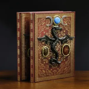 Vintage Style Notebook, Dragon Moon Phase Design, Embedded Natural Crystal, Creative Personal Journal, Lined Writing Pages
