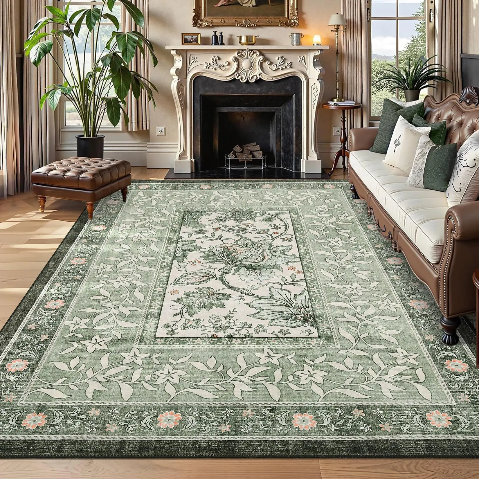 Garvee Provence 8x10 Area Rugs for Living Room, Botanical Grove Sage Green Cottagecore Washable Rug for Bedroom Dining Nursery Low-Pile Vintage Large Carpet