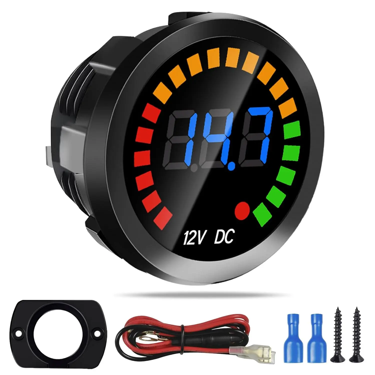 car stuffWaterproof DC 12V Voltage Meter, LED Digital Display Voltmeter Gauge Panel, Round Battery Monitor with Mounting Plate & Wires & Terminals, for Marine Car V2026