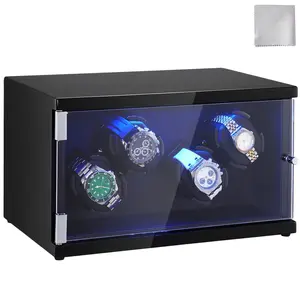 VEVOR Watch Winder, TikTokShopBlackFriday, Watch Winder for 4 Men's and Women's Automatic Watches, with 2 Super Quiet Japanese Mabuchi Motors, Blue LED Light and Adapter, High-Density Board Shell and Black PU