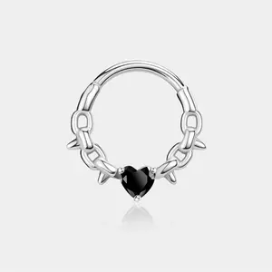 Oufer Chain with Black CZ Heart Hinged Segment Clicker Septum Ring