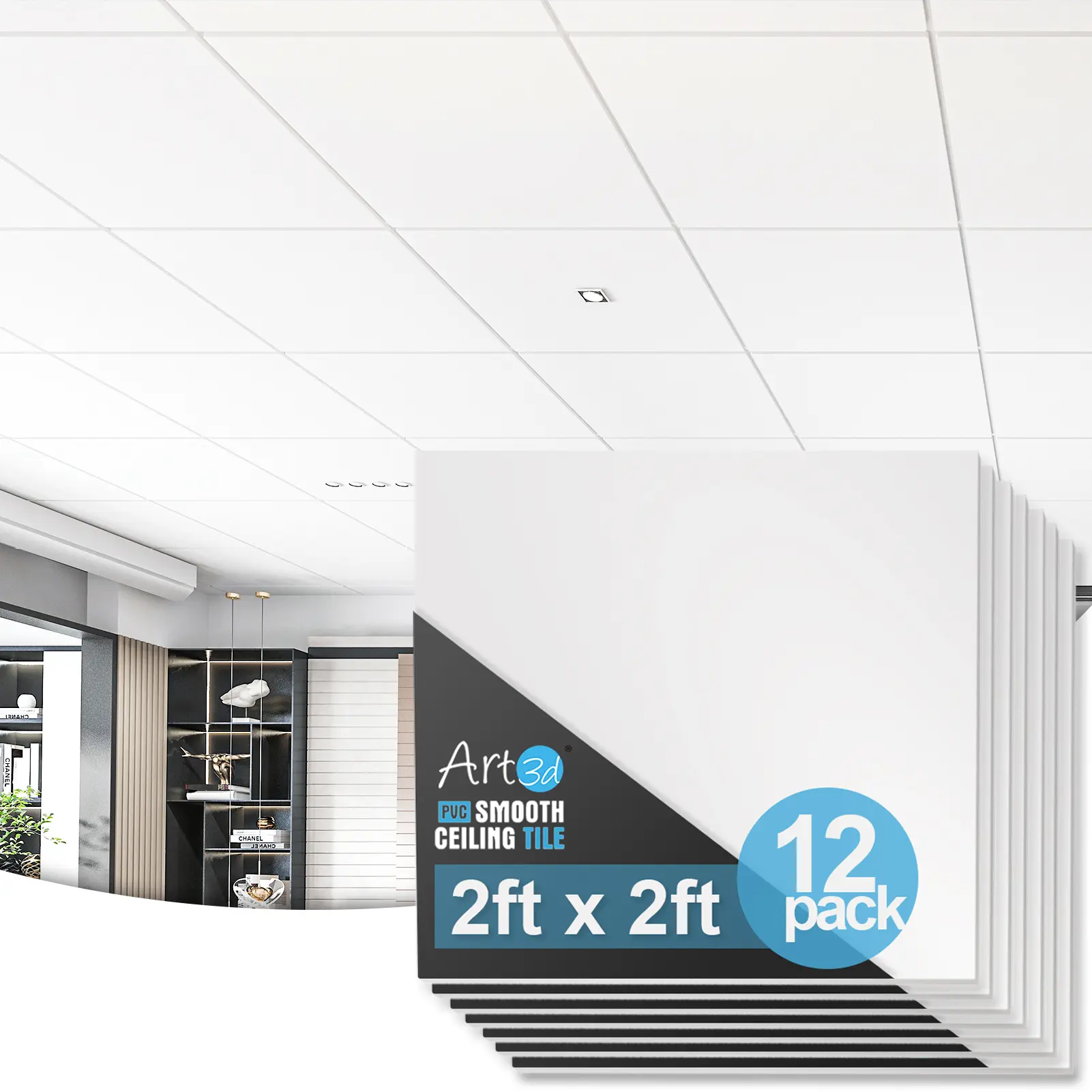 Art3d Modern Smooth Ceiling Tiles 12-Pack 2ft x 2ft for Home Interior Design,Fire-Rated, Waterproof,No Sag,Covers 48 Sq.Ft
