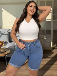 Women's New Plain Solid Fashion Rolled Hem Denim Shorts, Casual Large Size Jeans, Trendy Simple Fit Design, Perfect for Daily Wear