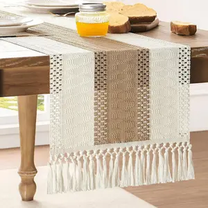 Boho Table Runner for Thanksgiving Fall Christmas Home Decor with Tassels Pottery barn Furniture Farmhouse Rustic Macrame Burlap Table Decoration for Living Room