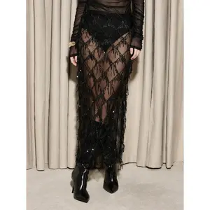 Women’s long mesh dress with sequins and tassels, diamond pattern, sexy style, perfect for parties and stage performances GARMENTARY