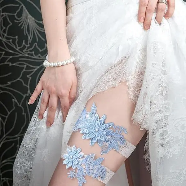 2 Pieces Wedding Garters for Bride Sexy Lace Leg Garter Belt Hand Sewn Faux Pearls Bride Garter Set