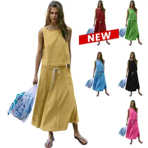 UANEO Women's Two Piece Venetia Skirt Set Summer Casual Matching Outfits Pockets Sleeveless Cropped Top Elastic Waist Midi Flowing Maxi Skirt