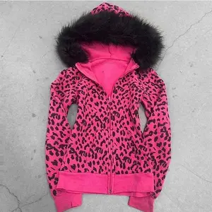 Pink leopard print hooded zipper long-sleeve sweatshirt for spring and autumn comfortable slim fit fashionable street wear 2000s