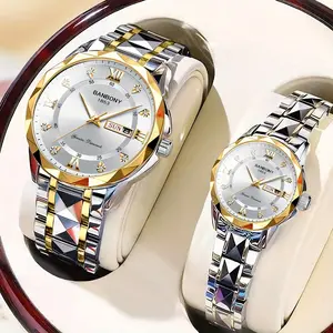 2 Pieces Couple Watches Quartz Watches Stainless Steel Strap HD Disc IPX7 Waterproof Night Light Display Week Calendar Display Wristwatch
