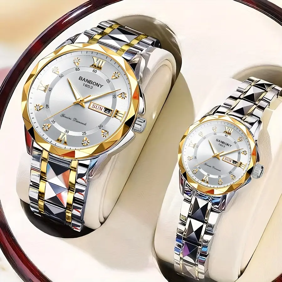 Exquisite Couple's 2-Piece Multifunction Watch Set, Waterproof Stainless Steel Oval Analog Wristwatches with Luminous Week & Calendar Display, Exquisite Watch, Fashionable Waterproof Watch