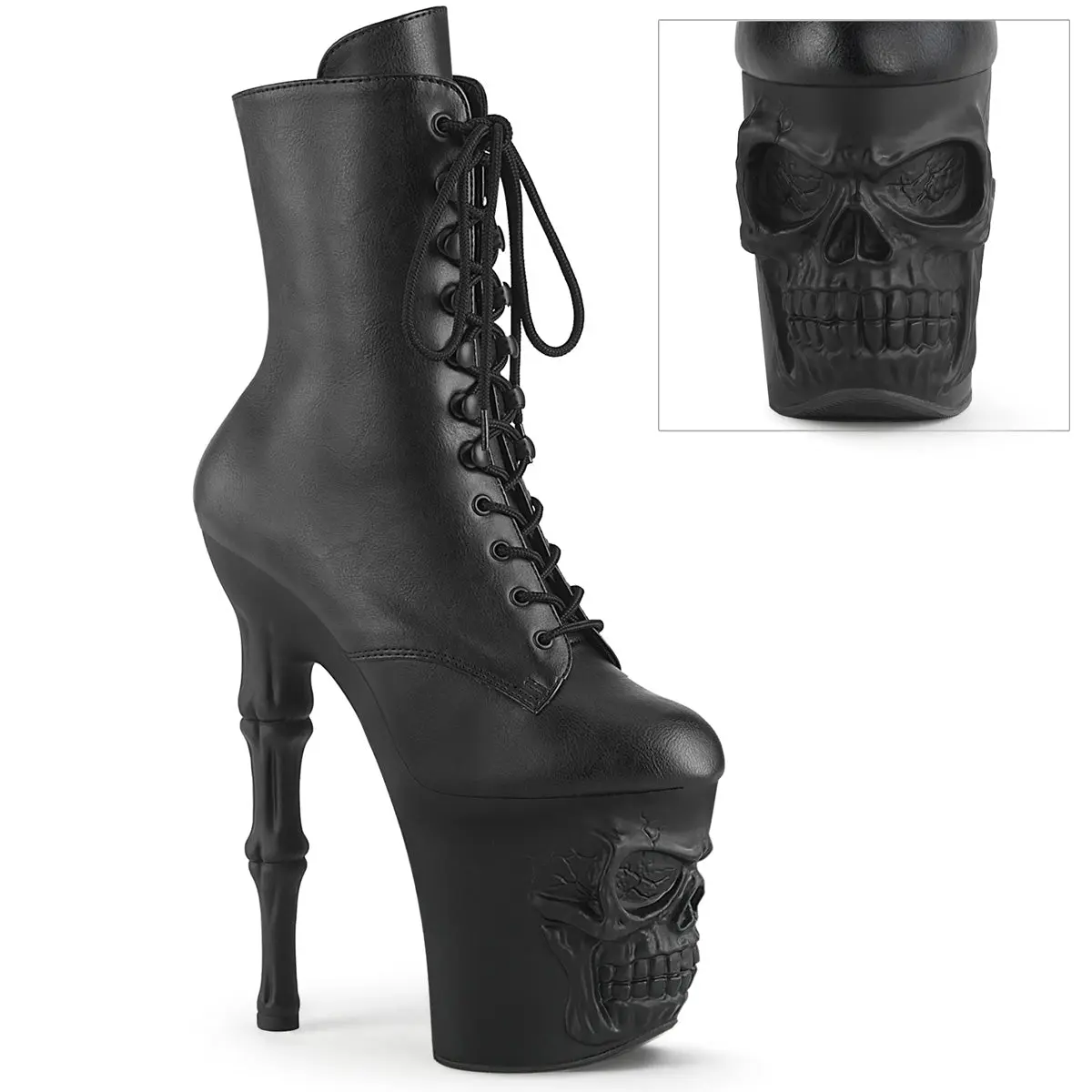 Women's Gothic Stiletto Ankle Boots with 4-Inch Skull Platform and 8-Inch Finger Bone Heel in Black PU Faux Leather, Boot, Footwear, Zip, Ankle Length, Pu Synthetic, Decorative, 8 In, Nightlife Wear, Gothic Look