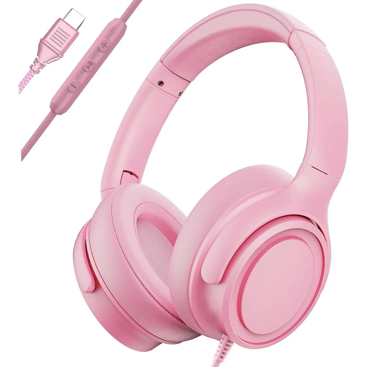 P-HPS019 Wired Over-Ear Digital Audio Headphones with USB-C Plug, Hi-Fi Stereo Sound, Noise-Isolating Ear Cups, Adjustable Comfortable Fit for USB-C Phones, Tablets (No Bag, Pink)