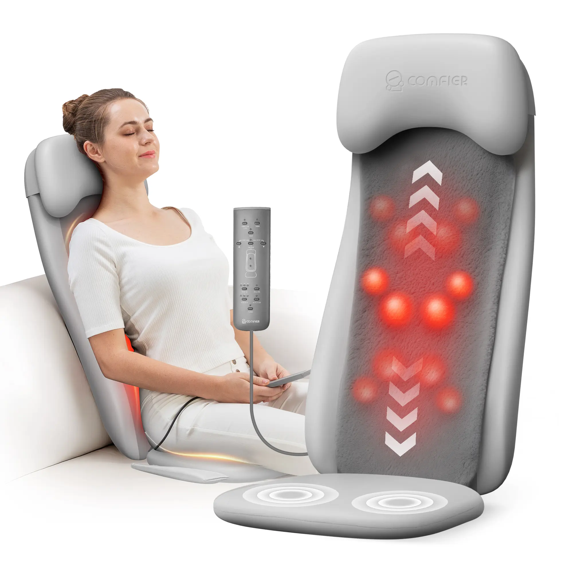 Comfier Shiatsu Back Massager with Heat for Pain Relief, Adjustable 2D/3D Deep Tissue Kneading Chair Pad with Seat Vibration
