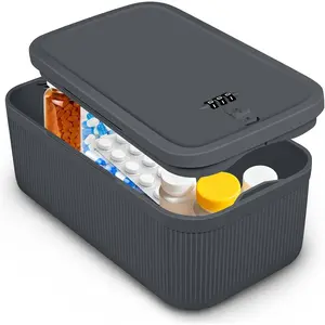 Small Lockable Combination Code Storage Box, Secure Locked Container for Medication Pills First Aid Kits Food Snacks Phone Jail, Safe Lock Box for Home Fridge Office School, Grey
