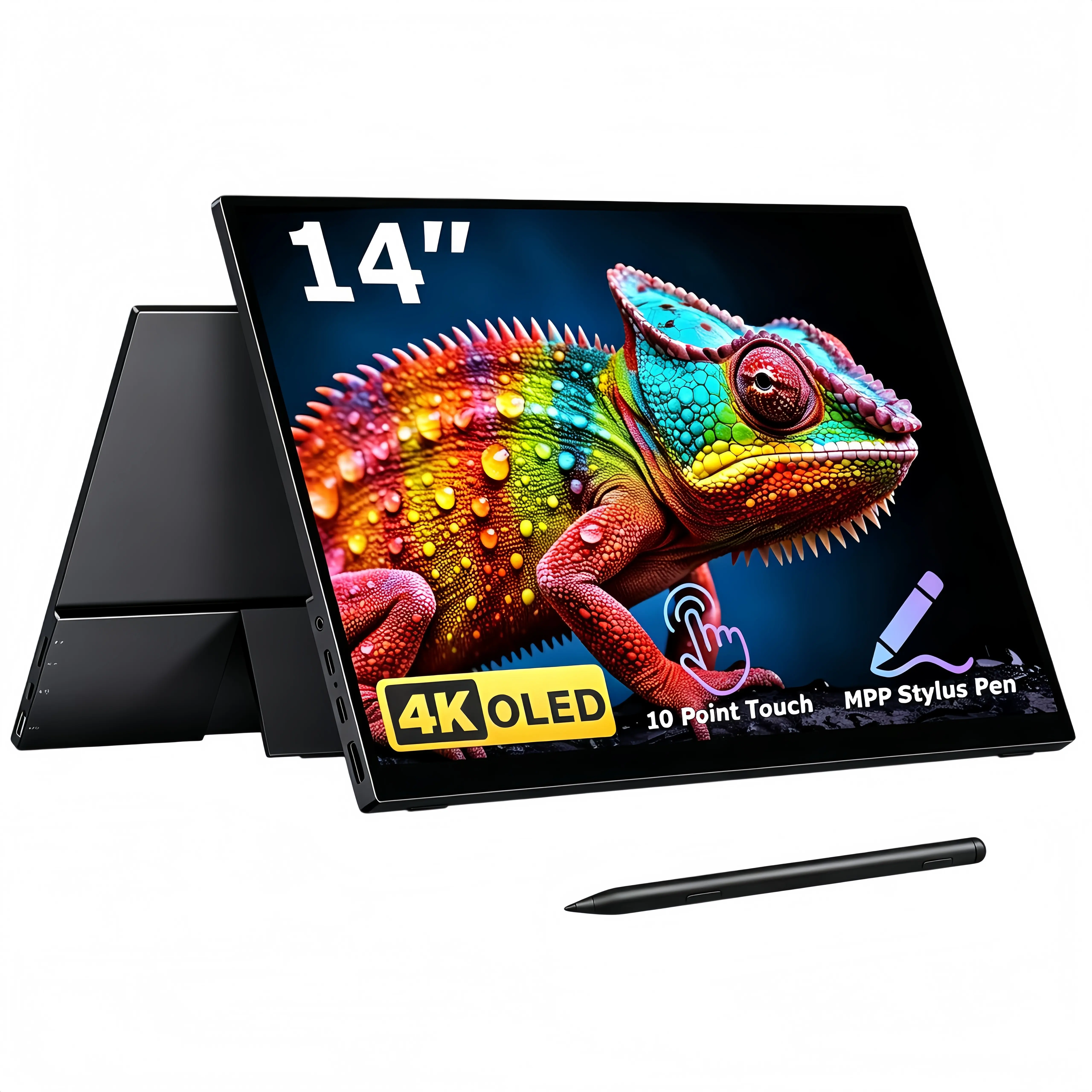 14 in 4K OLED Portable Touchscreen Monitor, UHD 3840×2400 Resolution, 100% DCI-P3 Color Gamut, USB-C & HDMI Connectivity, Active Stylus Compatible, Kickstand & Sleeve Included, External Display for Creators, Laptops, Macs, PCs