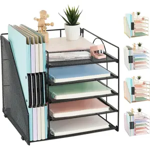 Desk Organizer with File Holder, 5 Trays Paper Letter Tray Organizer, Mesh Desk Organizers and Accessories for Home Office (Black)