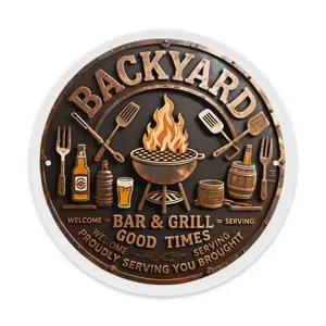 2D Flat, 1pc Vintage Metal Sign - Backyard BBQ & Bar Decor With Grill, Forks, Beer Mugs - Heavy-Duty Iron Construction - 7.8x7.8 Inch Round Plaque For Man Cave, Garage, Patio, For Man Cave Decoration