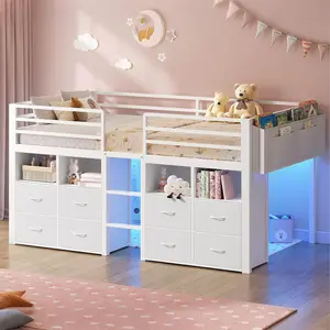 Sikaic Low Loft Bed Twin Size with 8 Storage Drawers, Twin Loft Bed with Bookcase and LED Lights, Metal Kids Loft Bed with 14" H Safety Guardrail, Under-Bed Play Space, No Box Spring Needed