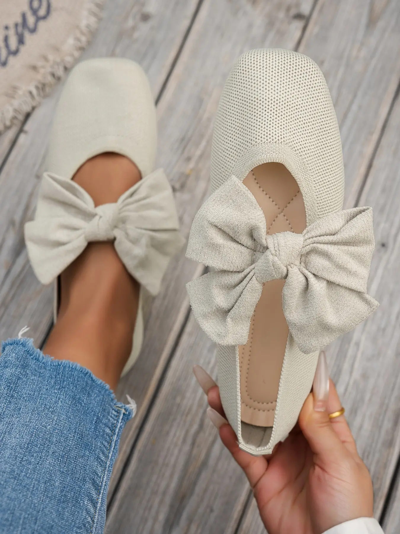 Women's Knit Mary Jane Shoes, Retro Square-Toe Slip-On Flats, Comfortable Low-Heel Shoes, Fashionable Commuter Shoes with Bow Decor