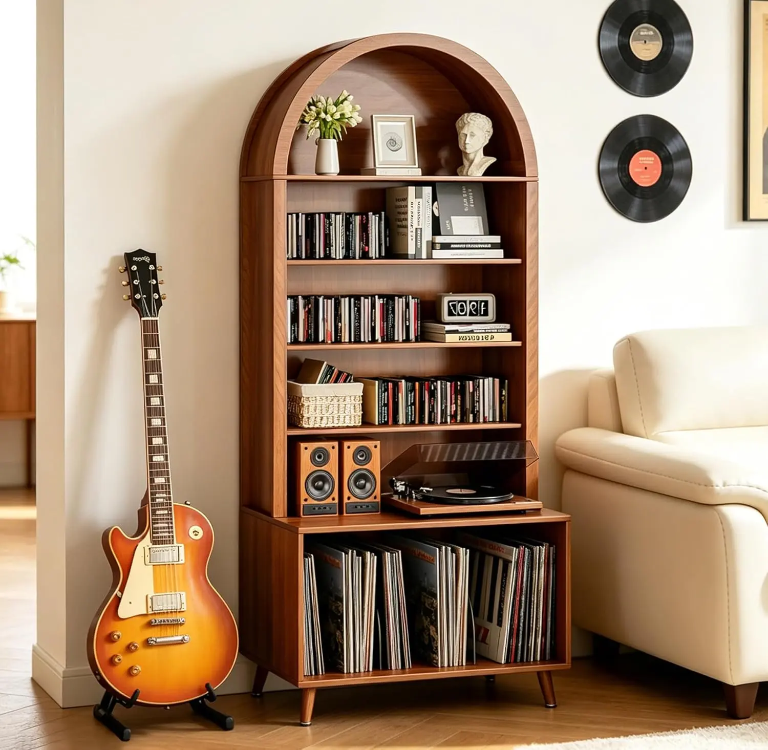 Record Player Stand with Vinyl Storage,6-Tier Arched Record Player Table Holds Up 350+ Albums, Turntable Stand with CD/DVD Rack,Vinyl Record Storage for Living Room Music Organiser