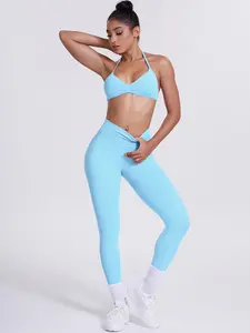 Women's Sports Bra Long Pants Set Seamless High Elasticity Stretchable Activewear Yoga 2 Piece Set Halter Top Tummy Control Leggings Fitness Clothes Casual Gym Wear Fitness Sport Outfits