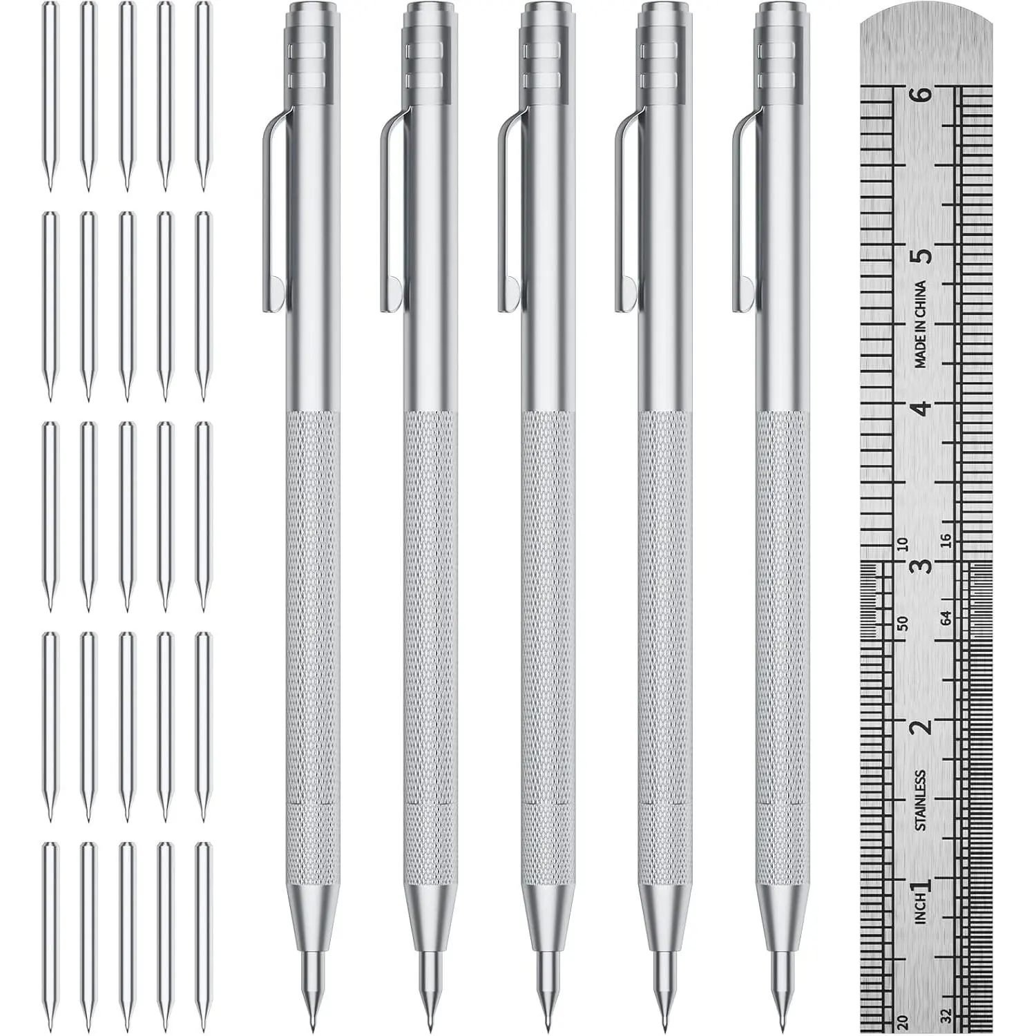 5-Pack Tungsten Carbide Scriber, Metal Scribe Tool with 25 Replacement Marking Tips & Steel Ruler - Knurled  Handle & , Engraving Pen for Glass/Ceramics/Metal Sheet (5)
