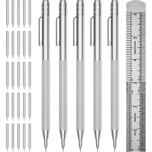 5-Pack Tungsten Carbide Scriber, Metal Scribe Tool with 25 Replacement Marking Tips & Steel Ruler - Knurled  Handle & , Engraving Pen for Glass/Ceramics/Metal Sheet (5)