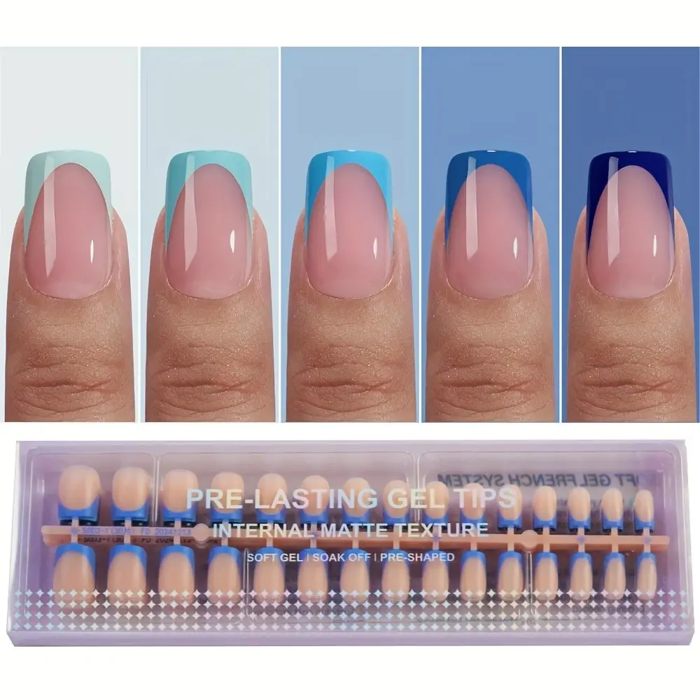 French Nail Tips - Blue Square Artificial Nails, 150 Wet Soft Gel Acrylic Extensions, 15 Sizes, Spring Summer Women's Nail Decorations, Nail Art Products