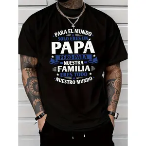 Men'S Casual Fashion Style Short-Sleeved T-Shirt, Dad Is Our World Letter Print Lightweight, Regular Fit Round Neck, Comfortable Elastic Summer Fashion T-Shirt, Casual Daily Style Fashion Clothing, As a Gift