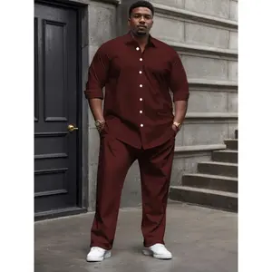 1set Men'S Plus Size Casual Suit Set - Polyester Lapel Shirt with Slight Stretch, Solid Color Woven Bottoms, Regular Fit with Elastane - Stylish and Comfortable Outfit