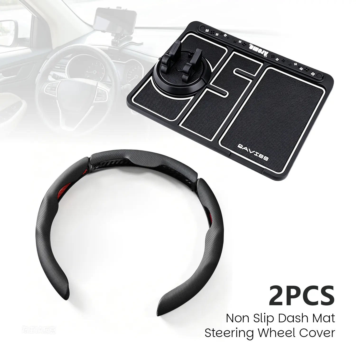 Car Non-slip Pad Panel Dashboard Fixing Seat and Non-slip Round Breathable Car Steering Wheel Cover, Suitable for Fashionable Interior Accessories for Cars and SUVs, All-season General-purpose Interior Accessories