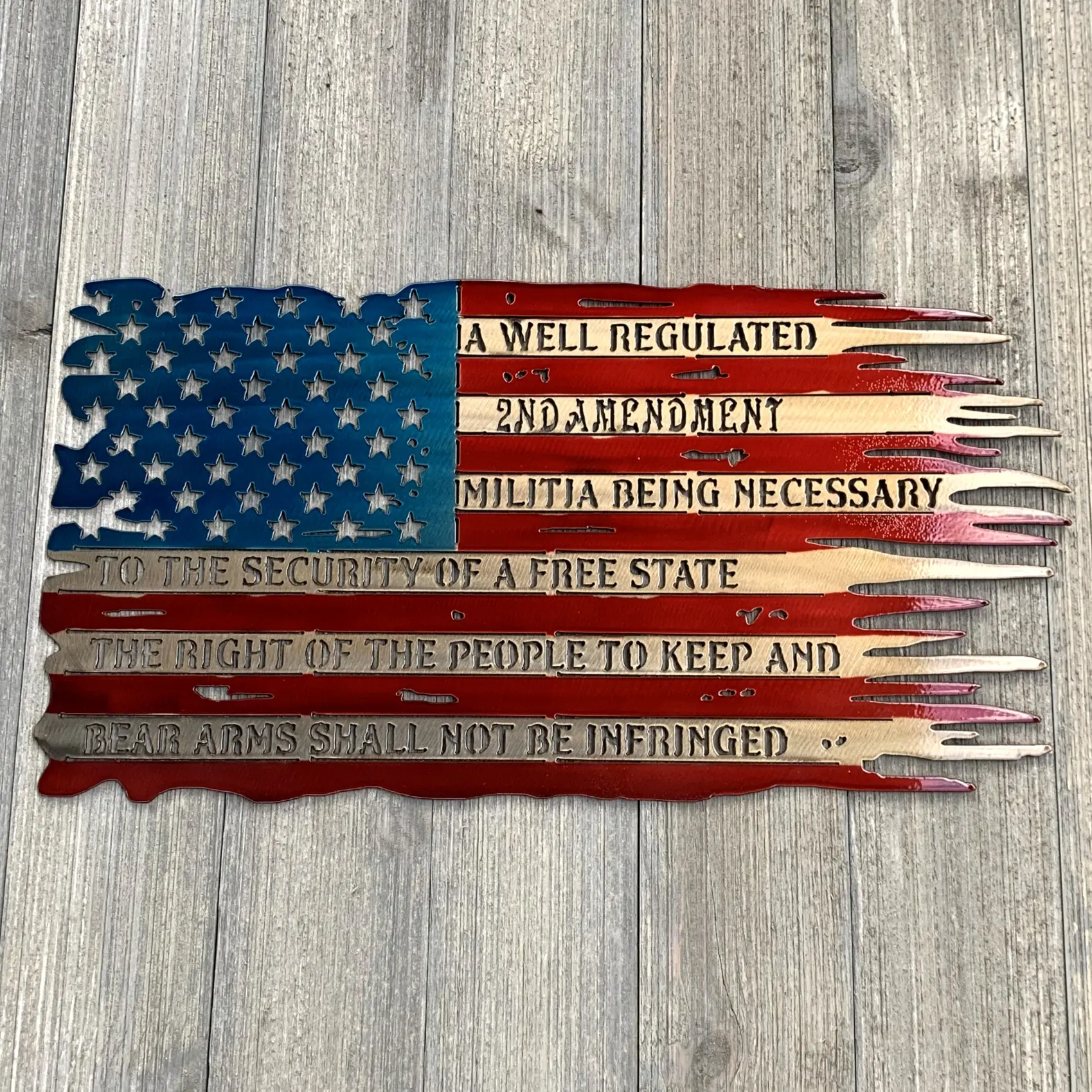Second Amendment Distressed American Flag Metal Sign Cutout - Patriotic -Inspired 2nd Amendment Distressed USA Flag Powder Coated Metal Sign