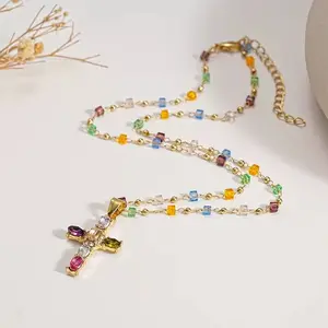Colorful Diamond Inlaid Cross Pendant Colorful Chain Necklace Collarbone Chain