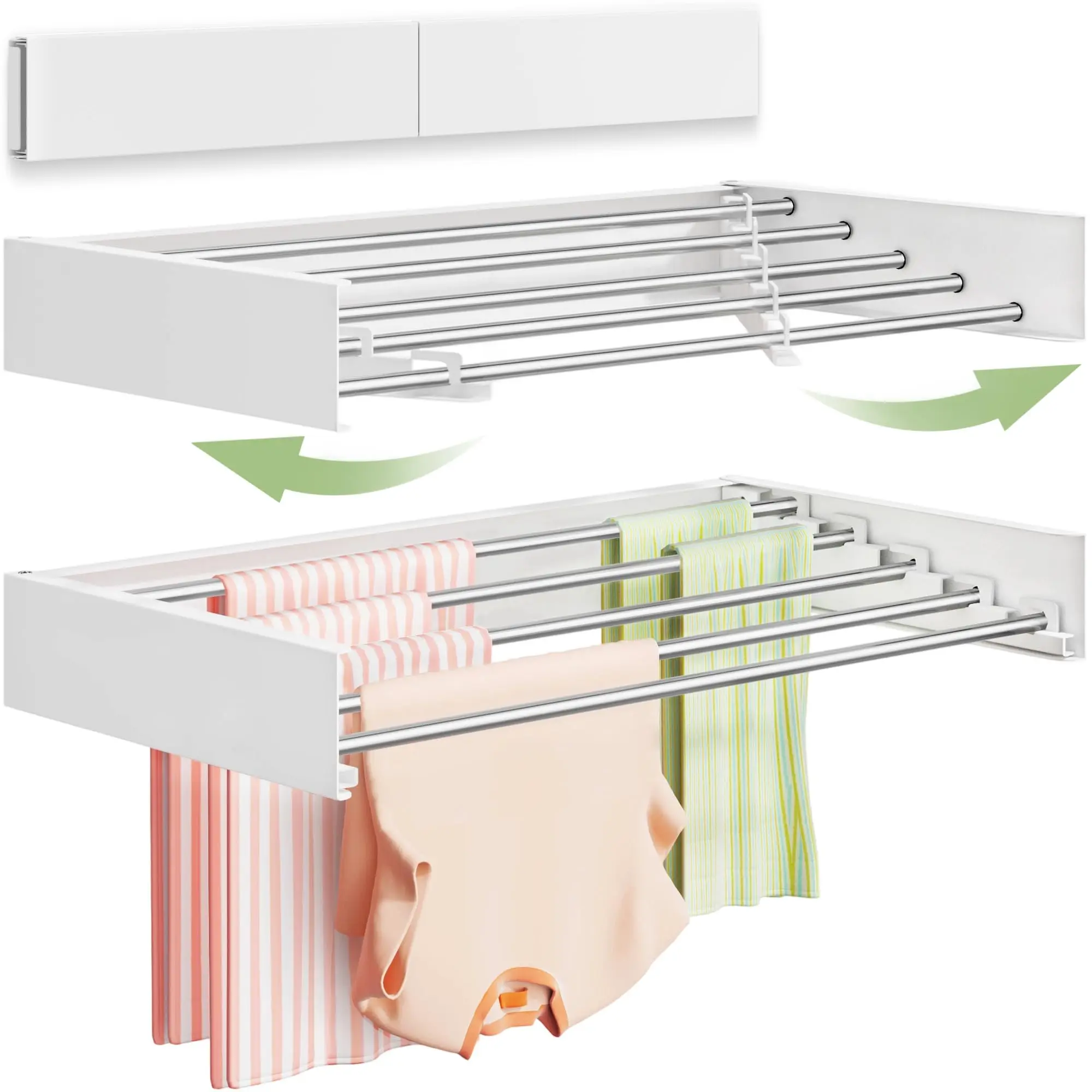 Foldable Wall Mounted Clothes Drying Rack, Wall Mount Laundry Rack Folding Indoor, Drying Rack Clothing Collapsible, Hidden Space Saver with Wall Template