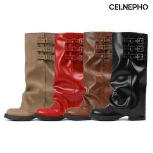 CELNEPHO Slouchy Boots for Women Round Toe Knee High Booties Adjustable Buckle Straps Foldover Boots Easy Pull on Gift Date Work Wear Dress Shoes