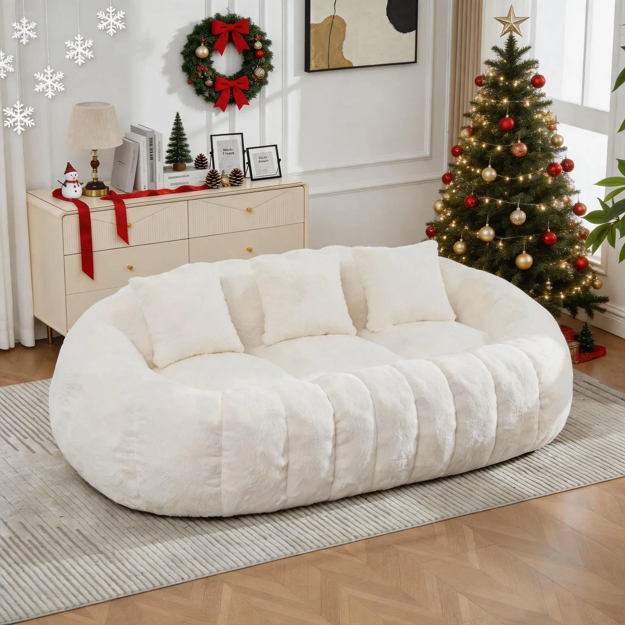 74.8" W Floral Shaped Boneless Loveseat Sofa, Ultra Soft Faux Fur Cloud Couch No Assembly Required, Oversized Deep Seat Compressed Foam Sofa for Living Room, Bedroom, Apartment, Lounge Area.