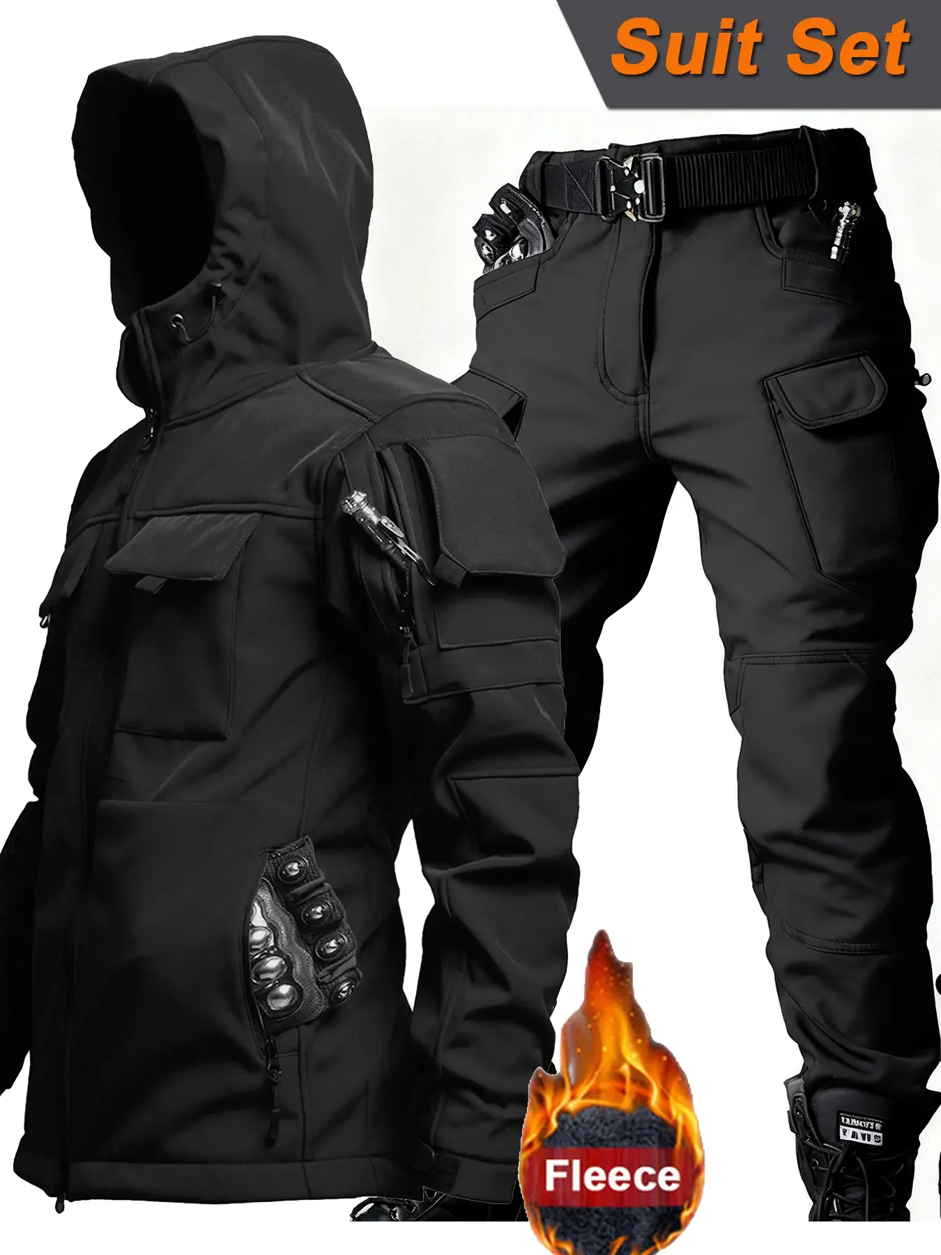 Men's Multi-Pocket Design Winter Sporty Outdoor Set, Athletic Tracksuit Set, Athletic Clothes Set, Relaxed Fit Tracksuit Softshell Jacket & Pants, Windproof Waterproof & Warm, Thick Woven Fabric