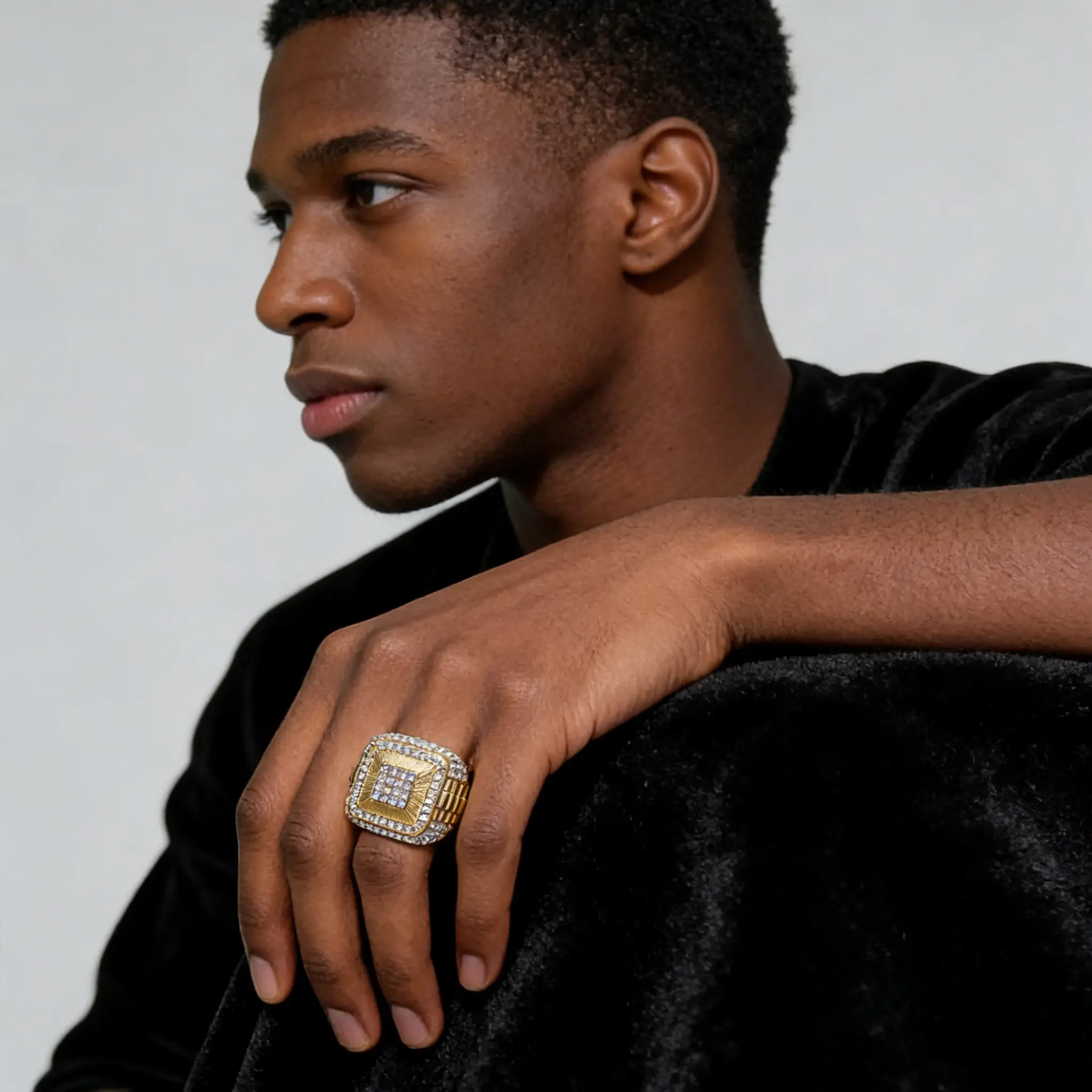 Men's Iced-Out Hip-Hop Ring - Sparkly Cubic Zirconia, Artificial Zircon Design, Glamorous Urban Fashion, Luxury Party Accessory, Valentine's Day Gift, Rhinestone Iced Out