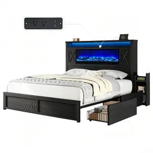[Memorialday][Ships in 2 Boxes] VanAcc Bed Frame with Fireplace, Farmhouse Storage Platform Bed with 57" Headboard, Barn Door Cabinets, 4 Drawers & 2 Bedside Racks, RGB LED & Charging Station