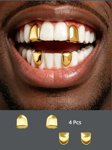 4pcs Upper Lower 18k Gold-plated Single Tooth Grillz, Simple Design, Lightweight, Easy to Wear, Perfect for Street Culture Lovers&Hip Pop Wear, Ideal Gift for Concerts, Halloween, Music Festivals
