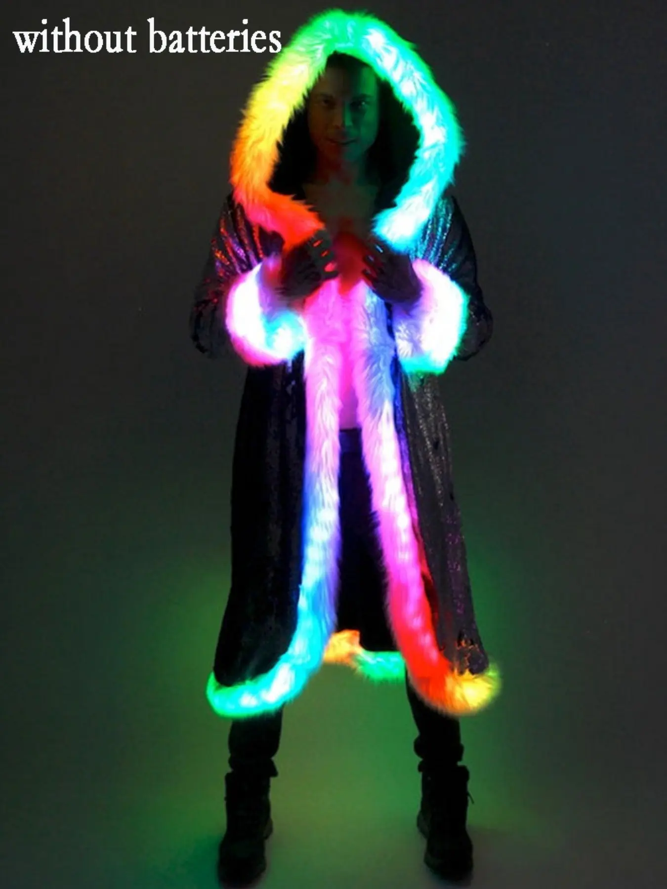 Men’s LED Glow Hooded Faux Fur Jacket, Colorful Light Strips & Sequins Decor, Plush Trim, Festival Rave Party Night Outerwear, Battery Not Included