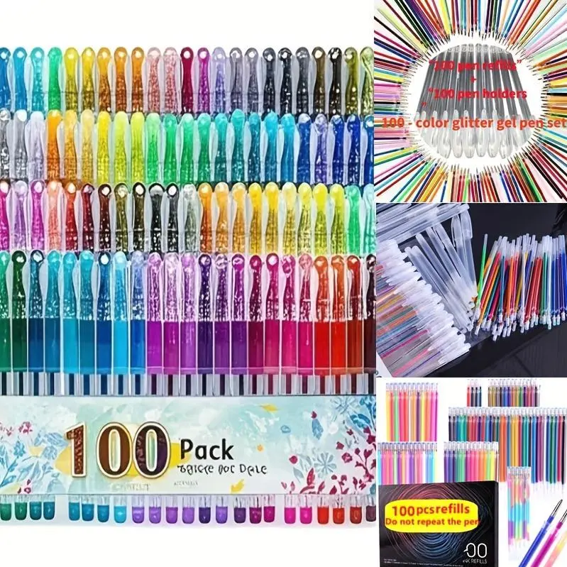 100 Colored Gel Pens with 100 Refills Available, Refills Sold Separately, Metallic Glitter Colored Ballpoint Pens, Suitable for Black Cardstock, Journals, Drawing, Marking, Coloring, DIY Art Projects, Blank Pen Bars for Self-Assembly