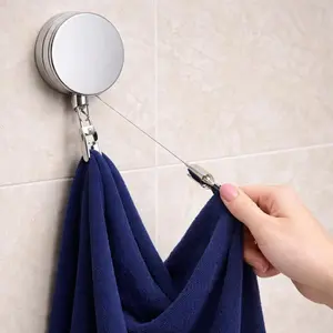 2-Pack Retractable Towel Holder with Strong Clips No-Drill Self-Adhesive Stainless Steel Rack for Bathroom Kitchen Smart Organization Durable Stylish