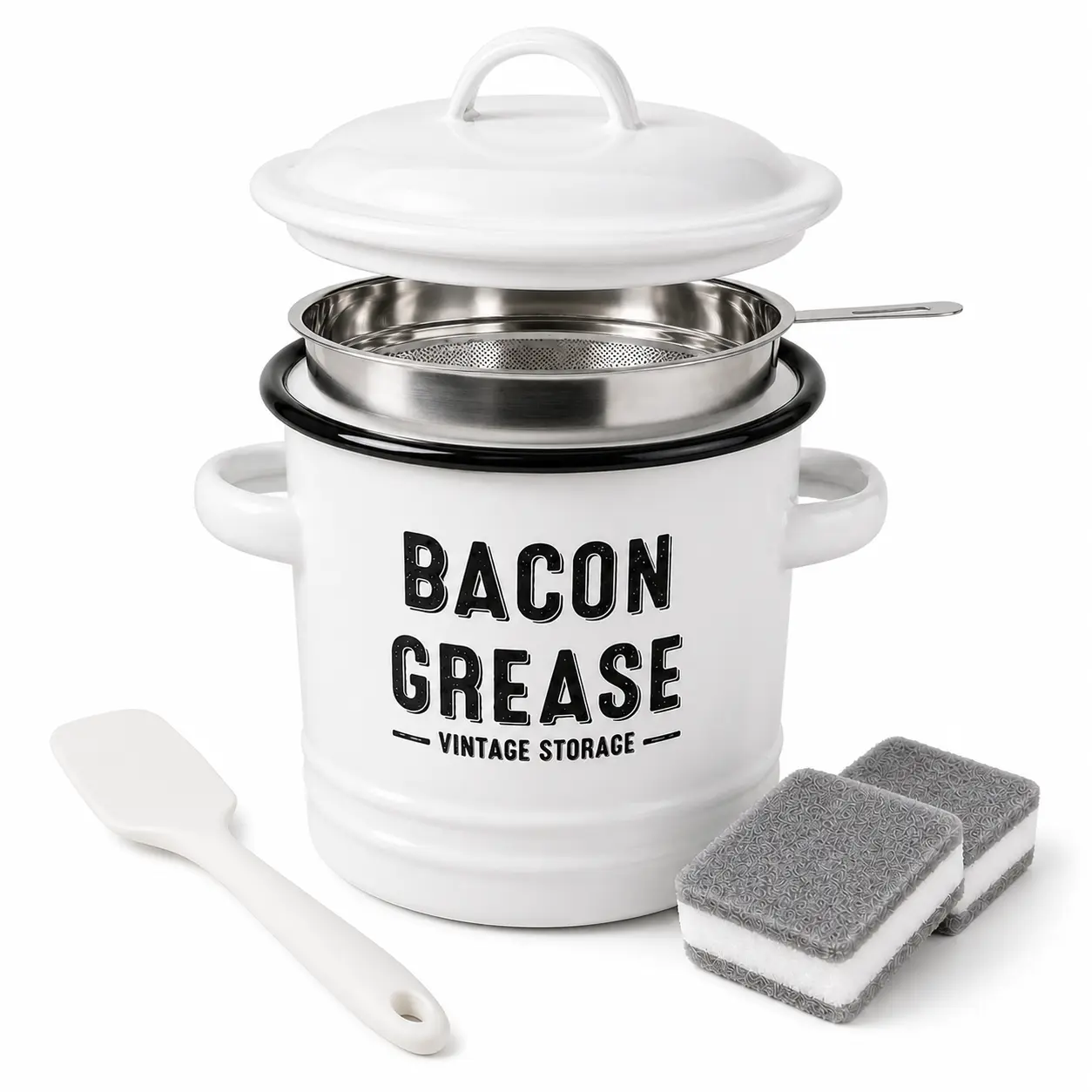 46oz Enamel Bacon Grease Keeper with Strainer & Lid, Dishwasher Safe Complete Set Includes Spatula & Cleaning Sponges, Retro Farmhouse Decor Oil Storage Can for Home Cooking & Backyard BBQ Utensils Kitchen barbecue tool