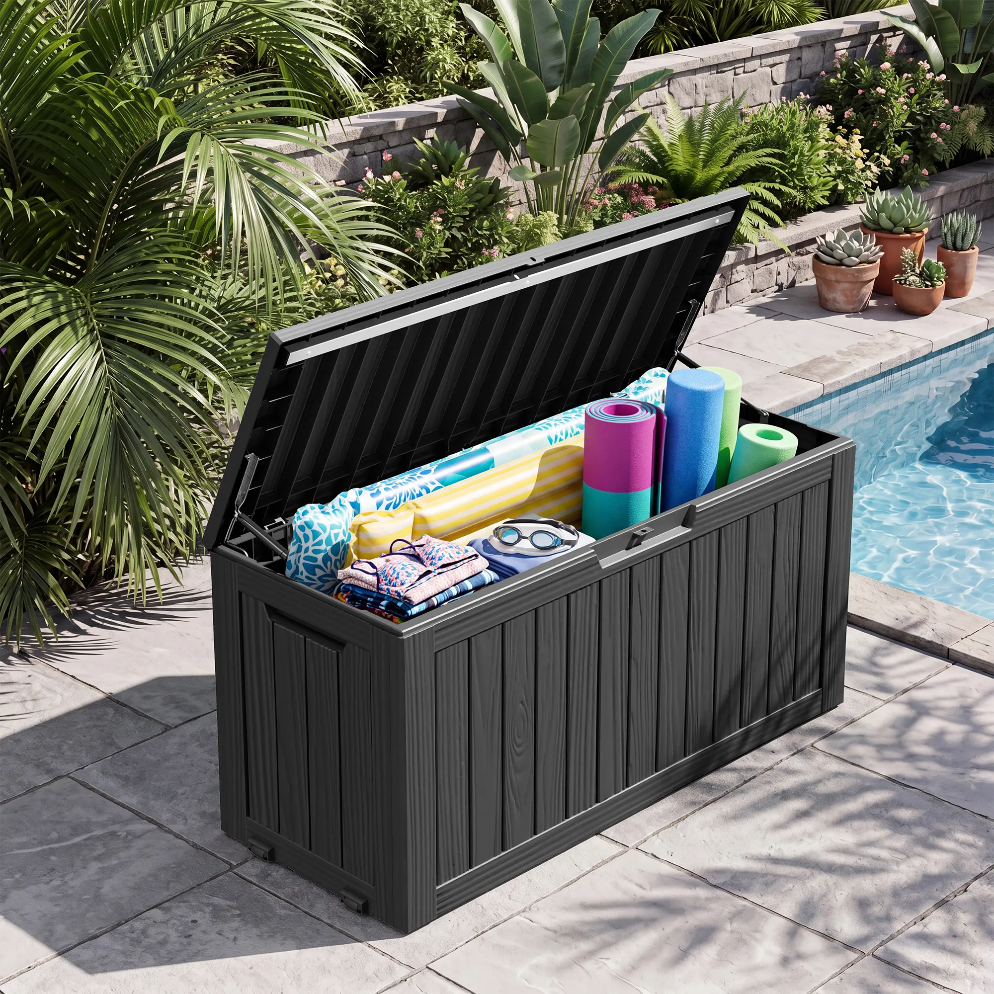 RIWENGO 72 Gallon Large Outdoor Storage Box, Lockable UV Resistant Patio Deck Box, Waterproof Storage Container Can Be Used as Seat